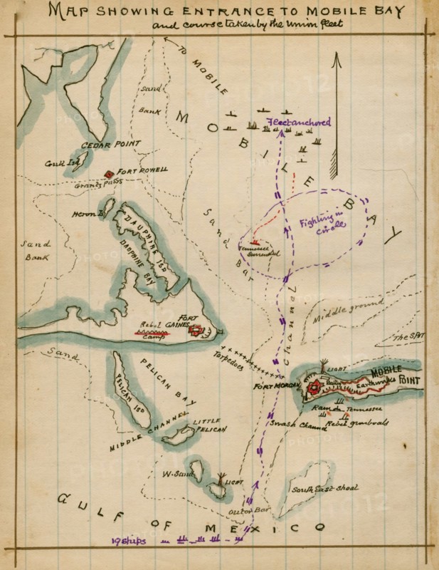 Map showing entrance to Mobile Bay and course taken by Union fleet. 1864