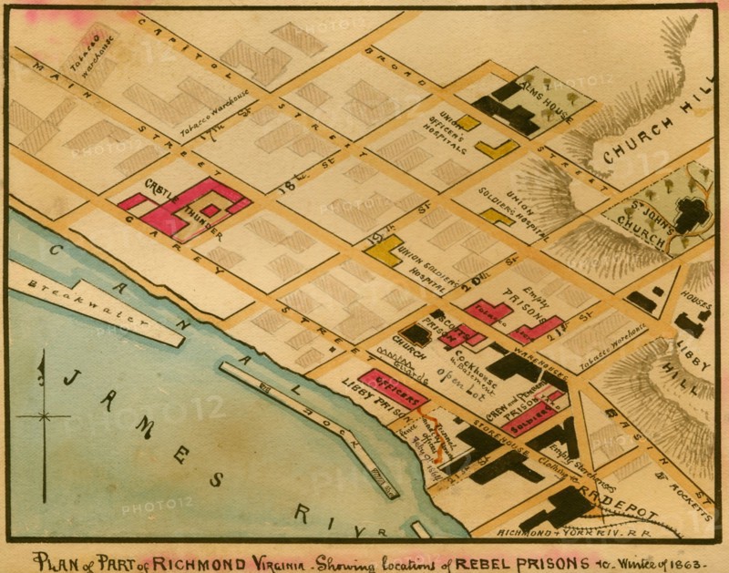 Richmond, Virginia : showing locations of Rebel prisons in winter of 1863. 1863