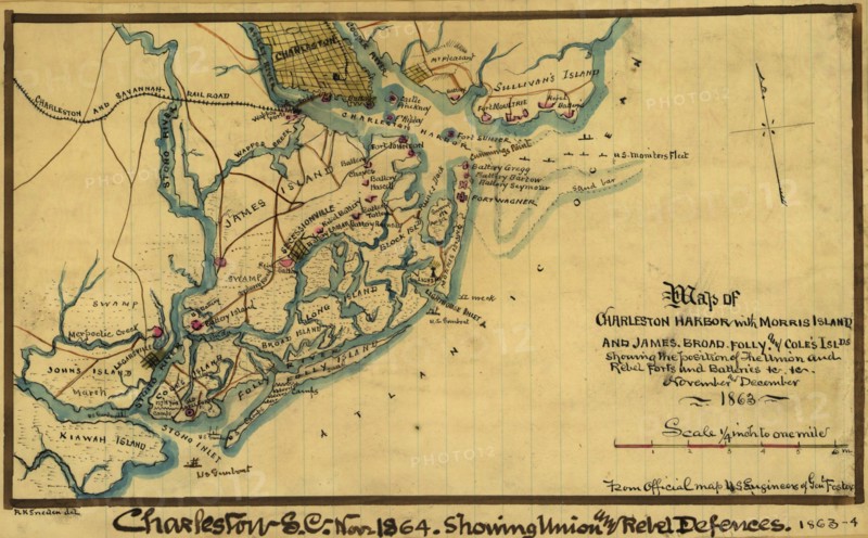 Charleston Harbor with Morris Island and James, Broad, Folly, and Cole's islands. 1863