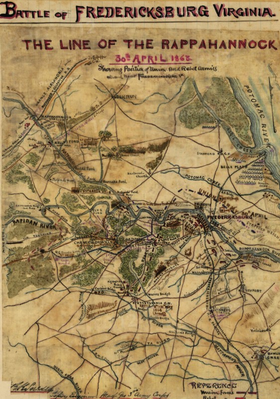 Line of the Rappahannock, 30th April 1863. Showing position of Union and Rebel armies at and near Fredericksburg, Va. 1863