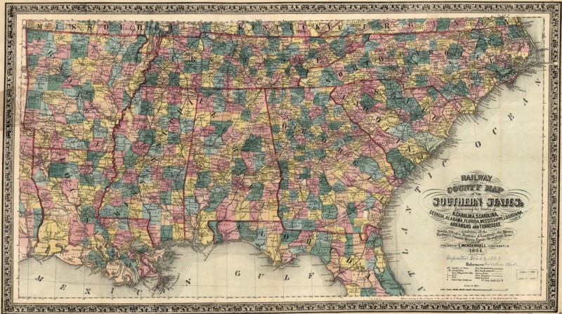 Railway & County Map of the Southern States 1864