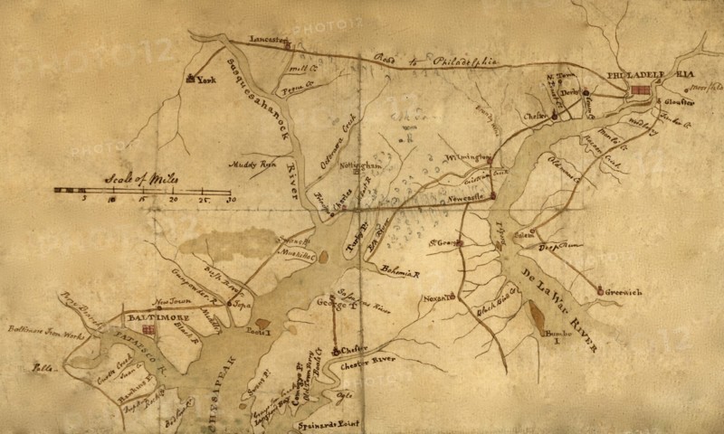 Delaware River and Chesapeake Bay, showing roads to Philadelphia and localities. 1776