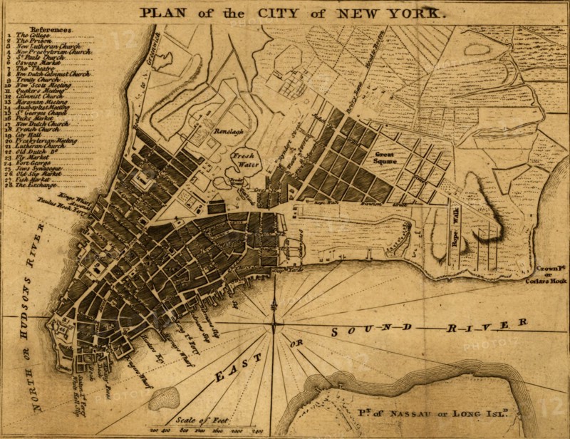 New York City map shows streets, wharves, ferries, principal buildings, and built-up area. 1776