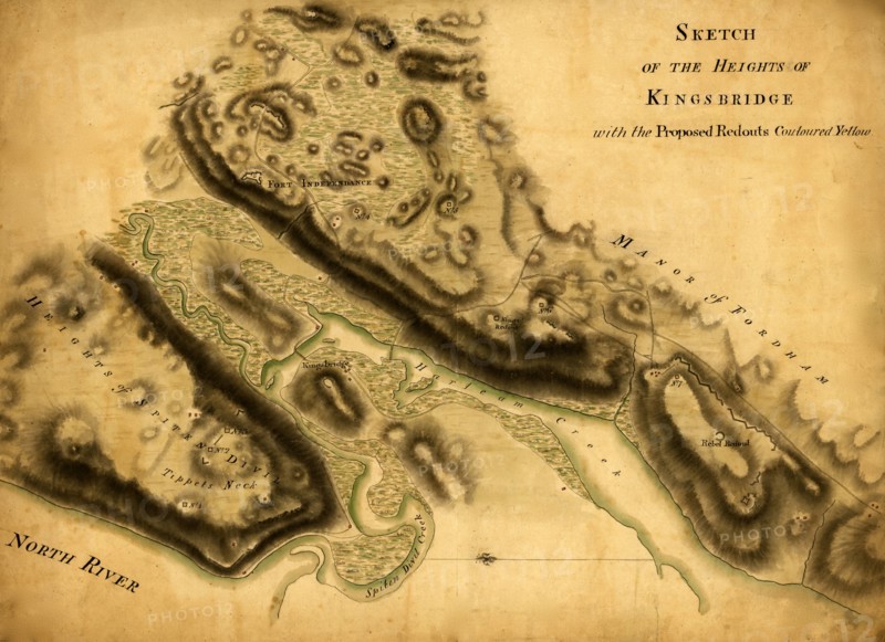 Sketch of the Heights of Kingsbridge, with the proposed redoubts colored yellow - 1777