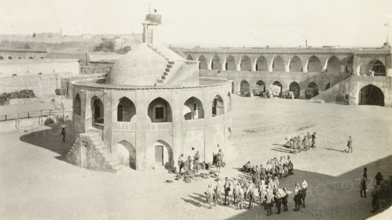 Troops in ancient courtyard