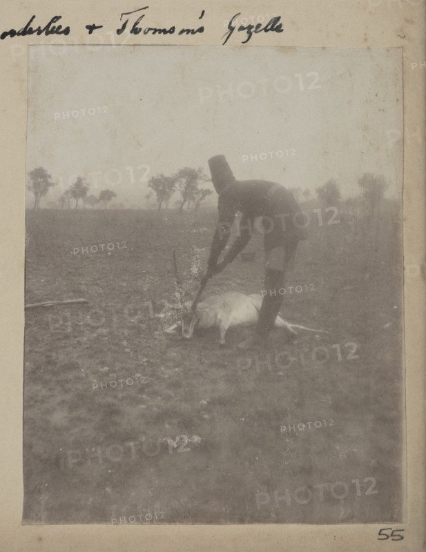 Uniformed servant with dead Thomson's gazelle