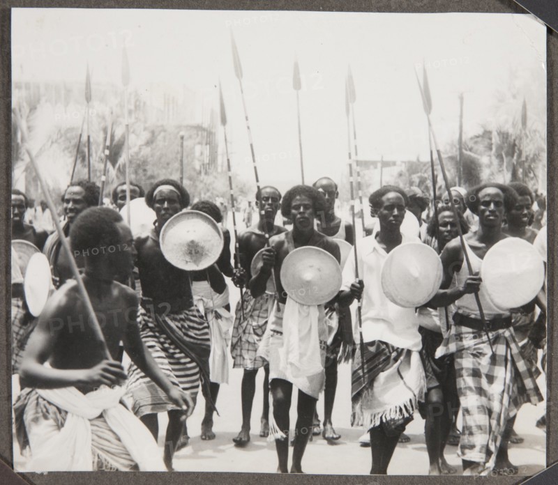 Group of Somali men with spears and shields