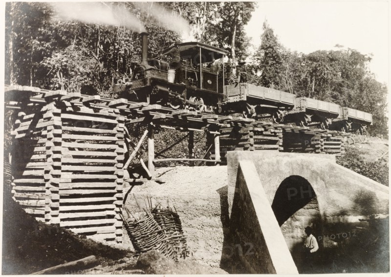 Steam train crossing culvert on the Rio Claro extension, Trinidad