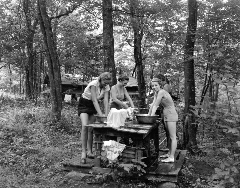 East Otis, Massachusetts:  c. 1925.
Wash day in the woods at the Bonnie Brae Girl Scout Camp in Massachusetts