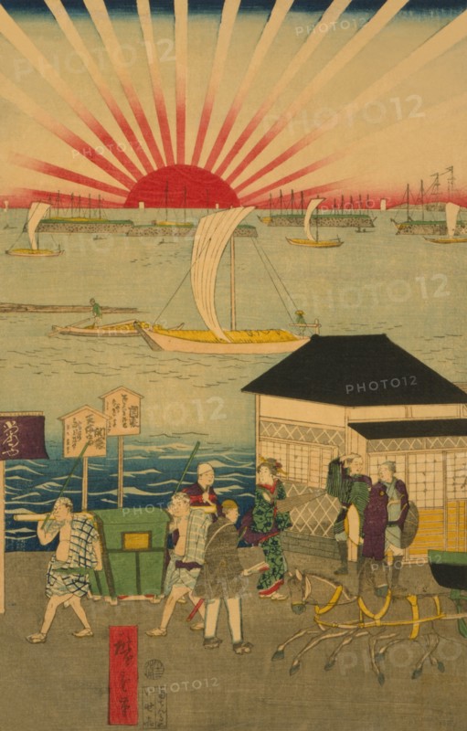 Famous places in Tokyo: real view of Takanawa (To¯kyo¯ meisho¯ Takanawa no shinkei) #2 Featuring the Rising Sun. 1870