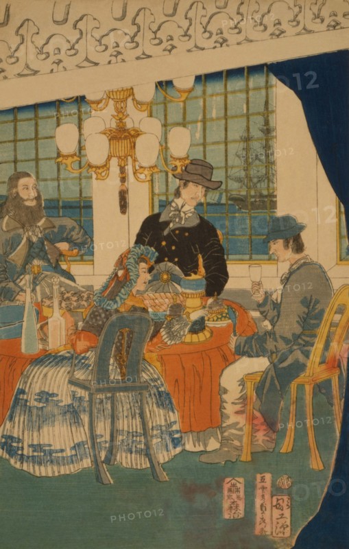 Parlour of a foreign mercantile house in Yokohama (Yokohama ijin sho¯kan zashiki no zu) 1861