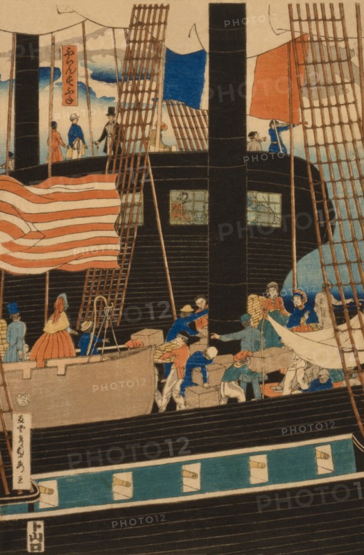 Western traders loading cargo in Yokohama (Yokohama ko¯eki seiyo¯jin nimotsu unso¯ no zu) 1861