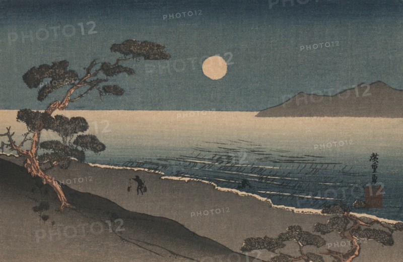 Dusk oven and Ocean Shore with a sole man carrying buckets on the Beach INK