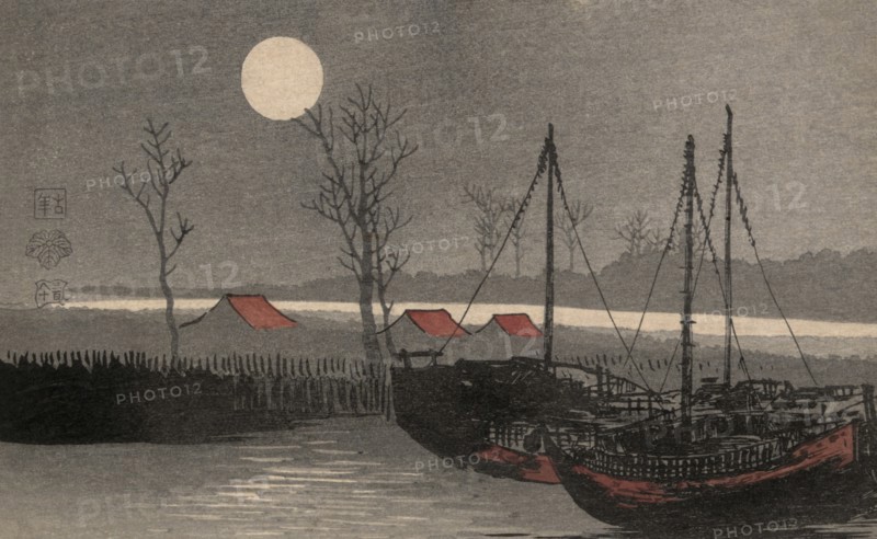 Sailboats moored under the moon. 1910