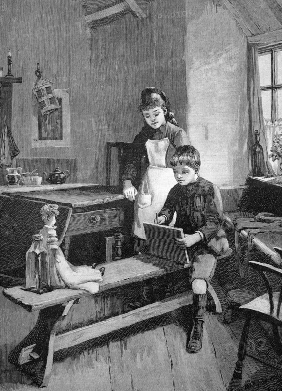 Boy drawing his sister's doll