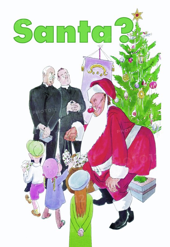 Santa Gives Toys to Children while Two Priests Look on 1933