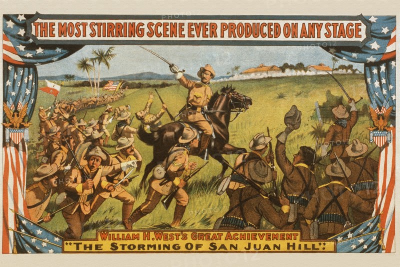Stage play of Roosevelt Leading charge up San Juan Hill 1898