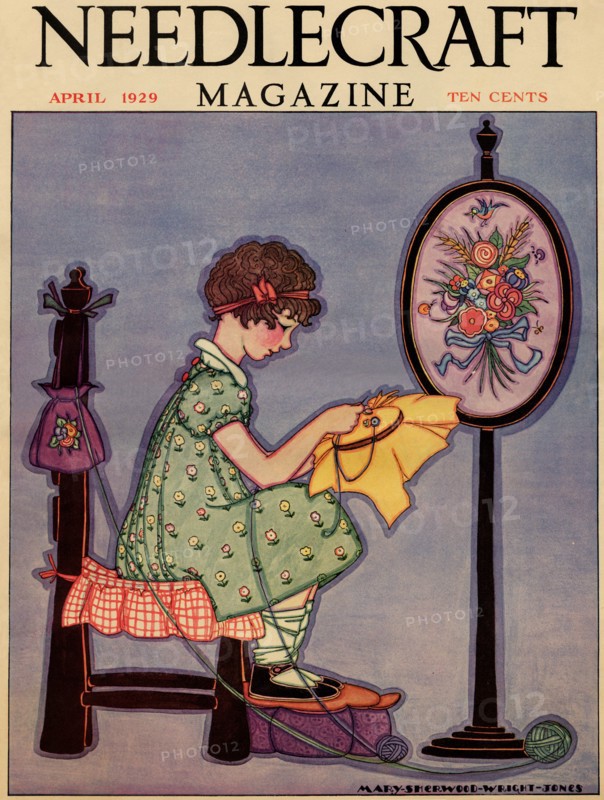 Pre-Teen cross-stitches a fabric 1929