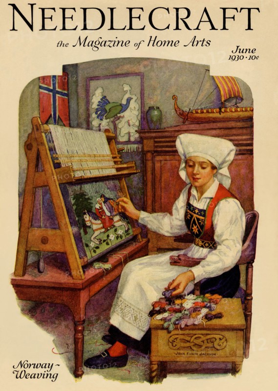 Norwegian girl Weaving A Tapestry 1930