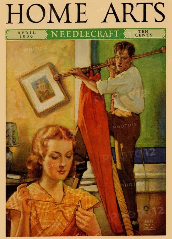 Wife sews while a man hangs a picture 1936
