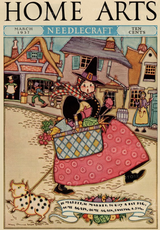 Cartoon Character walks thru and old town carrying a basket of produce 1937