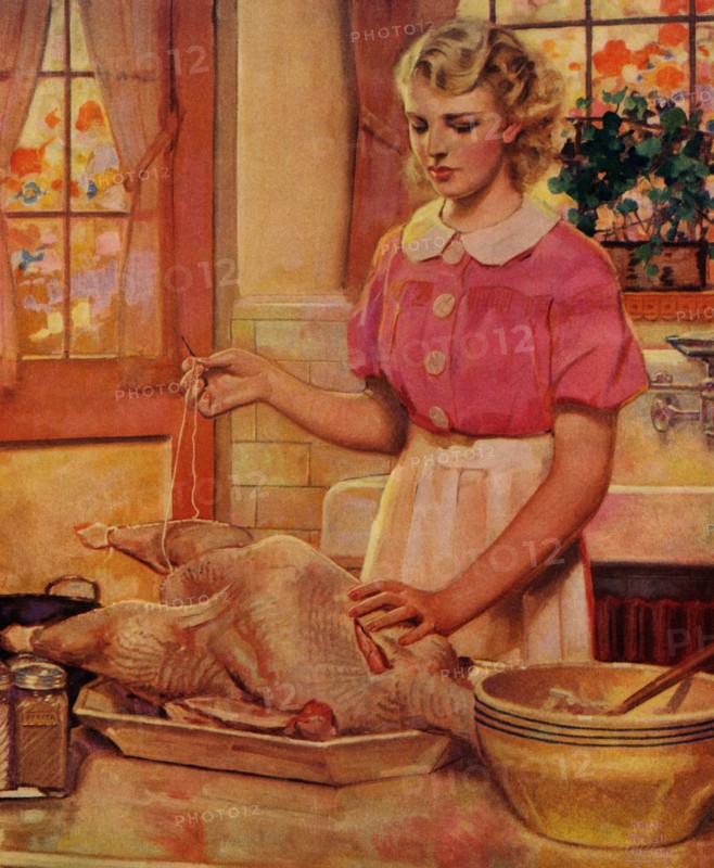 Young Mother Sews up a Turkey 1936