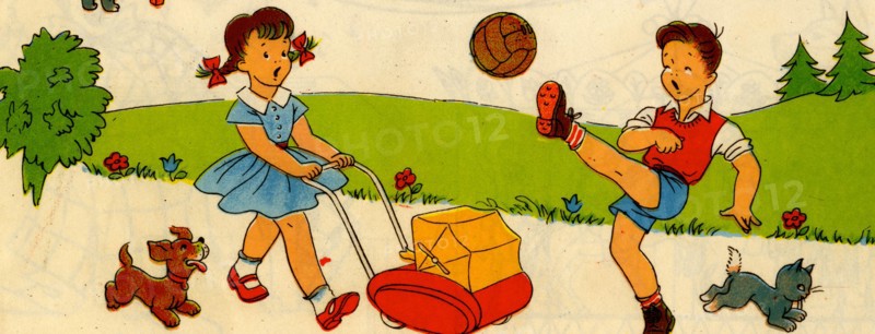 Boy kicks soccer ball as girl wheels baby carriage