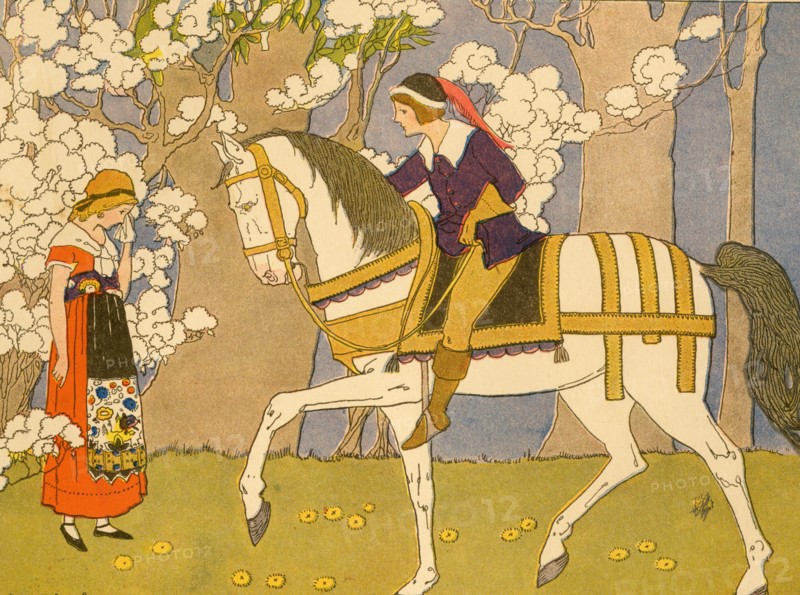 Young Boy in White Horse speaks to a tearing maiden 1910
