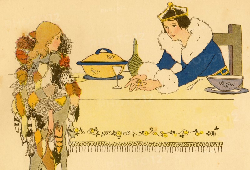 Princess at Table shows a Young Girl a Miniature Spinning wheel 1910