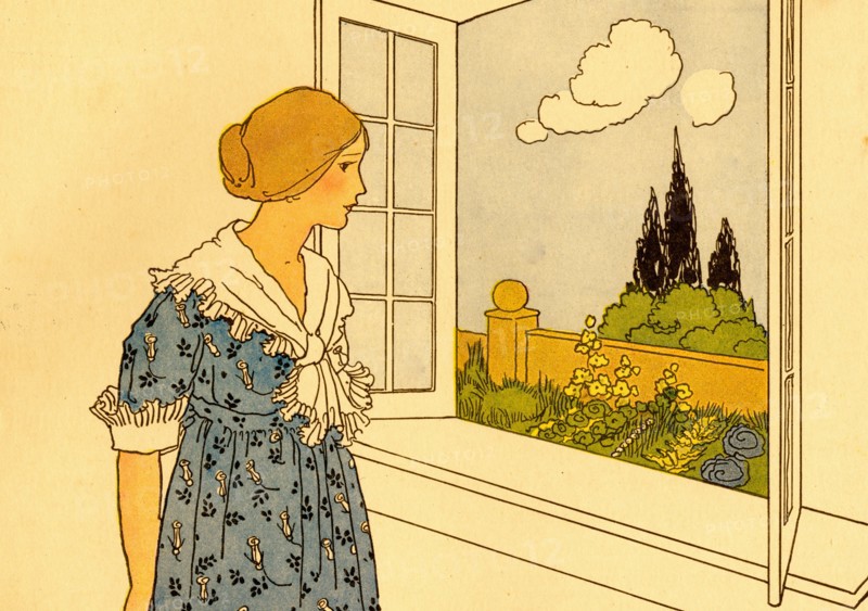 Young Girl Looks out of her window over a garden 1910