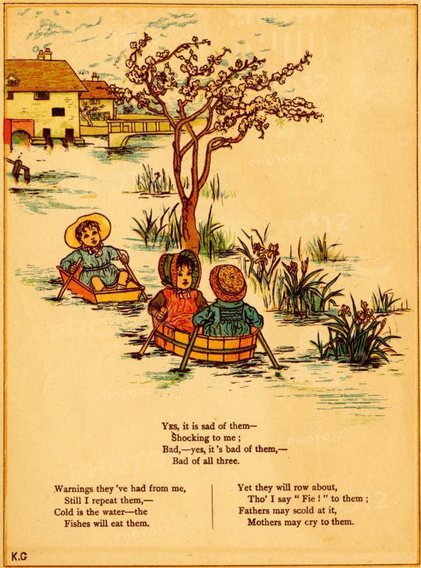 Children rowing in stream in wooden tubs 1875