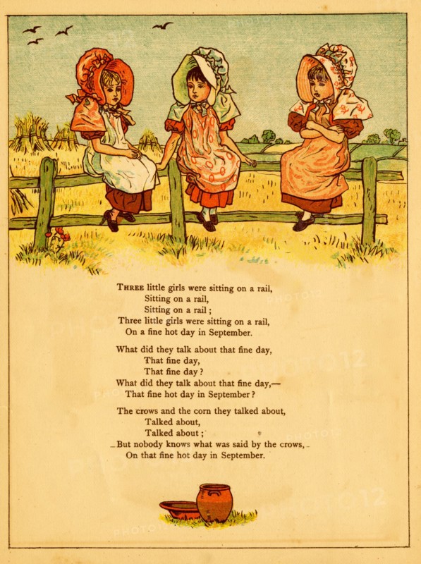 Three girls sit on a fence in September 1875