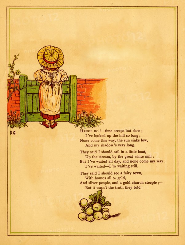 Young girl waits by the garden gate for a gold & silver town to appear 1875