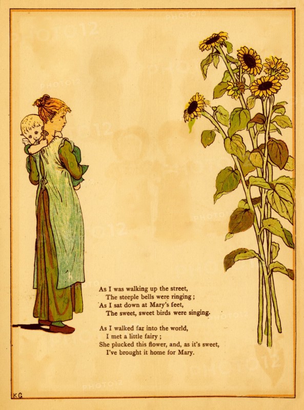 Girl holds baby and thinks of picking sunflowers 1875