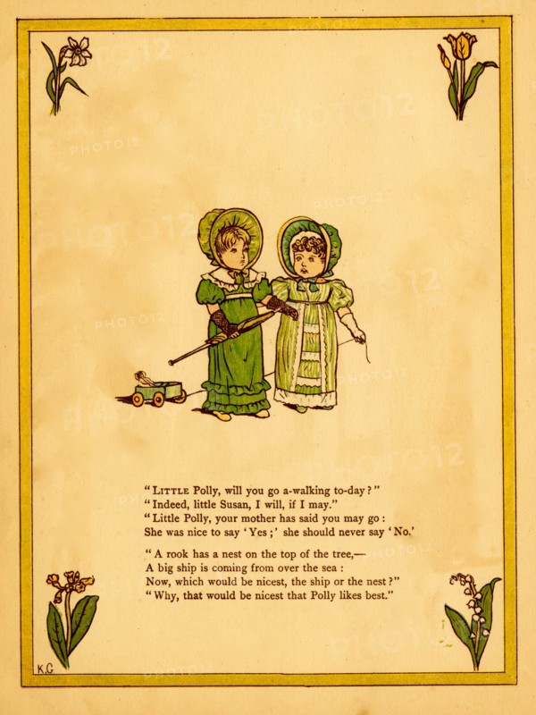 Children pull toys and carry an umbrella 1875