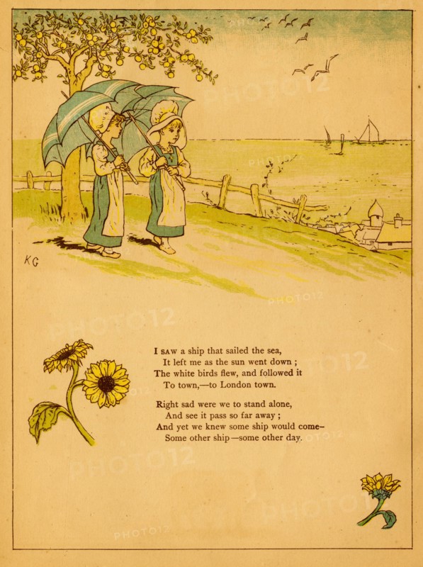 Two girls watch sailboats by th seashore and hold umbrellas 1875