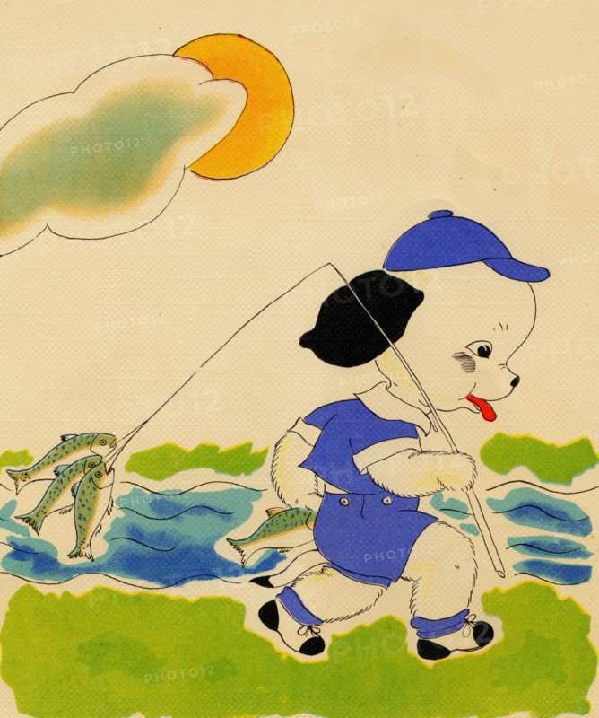 Anthropomorphic, dog has a reel of fish 1900