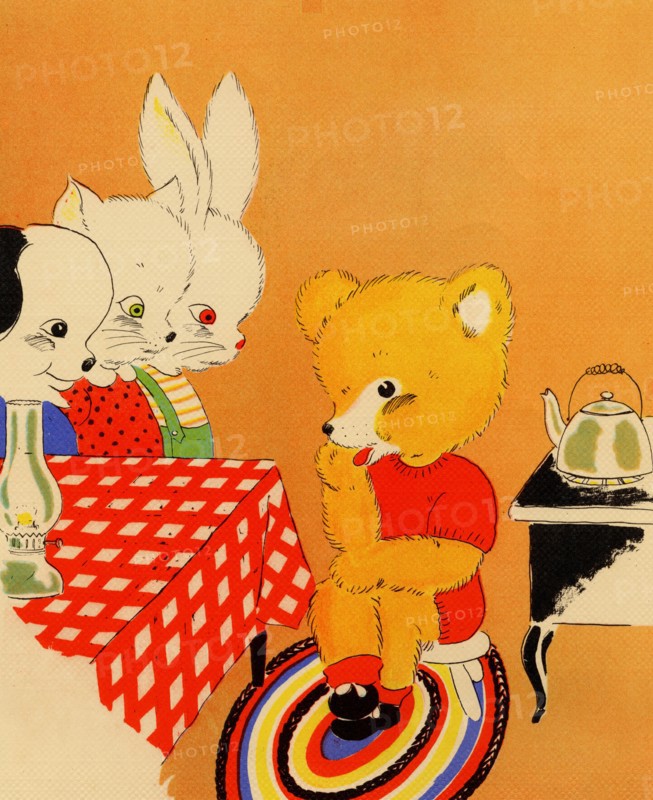 Bear sits waiting for tea  to boil as Cat, dog and bunny look on 1900