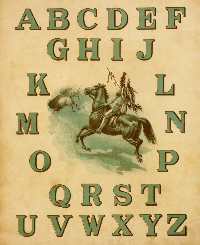 Railroad ABC Indian mounted on horse with full alphabet 1890