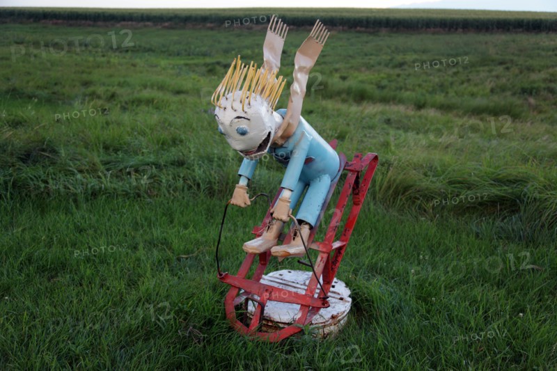 Porter Sculpture Park, Montrose, South Dakota; Child on Sled; Located just off Interstate 90 in the South Dakota Drift Prairie, about 25 miles west of Sioux Falls. Many of the sculptures, in the style of industrial art, were made with scrap metal, old farm equipment, or railroad tie plates. 2006