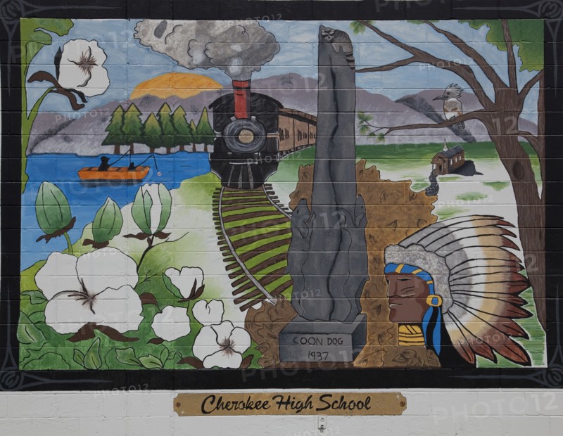 Mural at Cherokee High School, Railroad, Indian & Coon Dog 2010