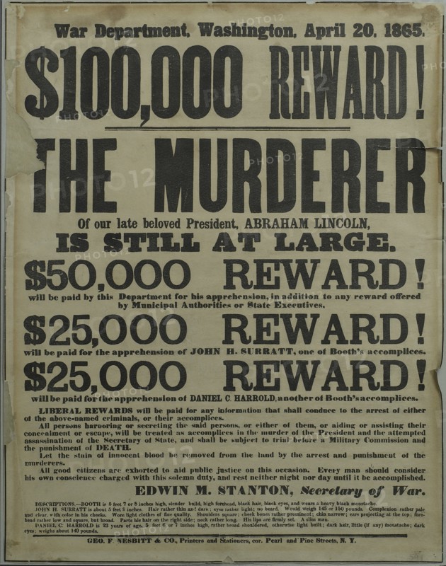 Poster Reward for the Capture of the Lincoln's murderer 1865