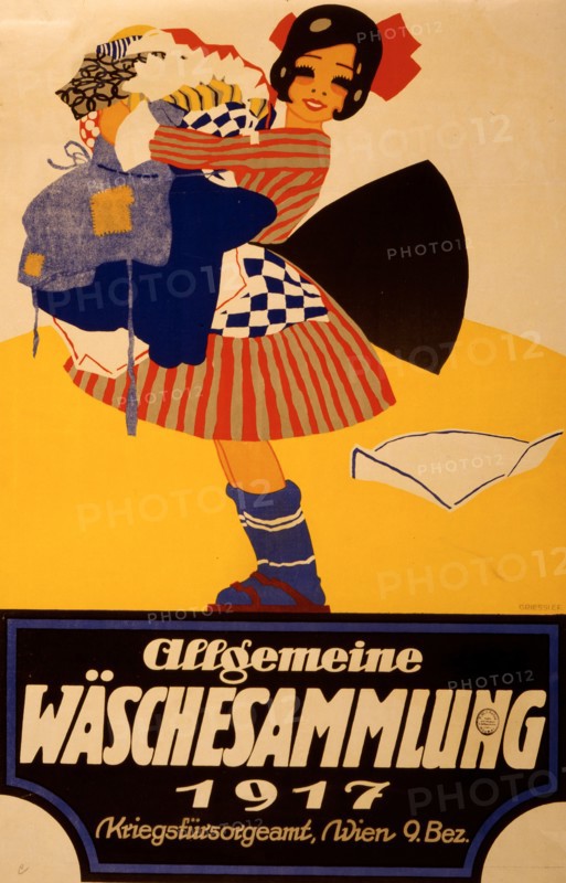 Allgemeine Wäschesammlung 1917;  clothing collection. Location in Vienna is given. 1917