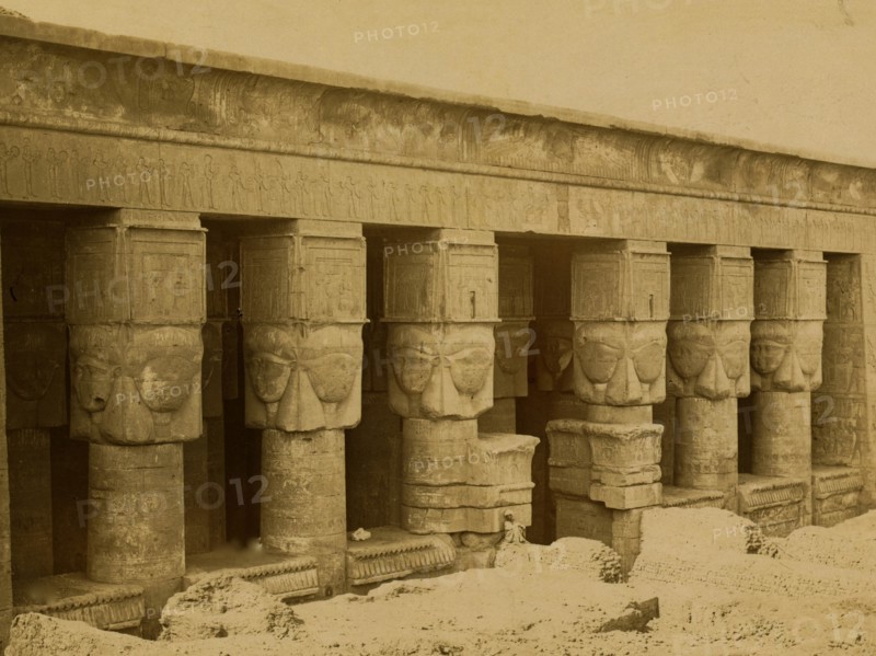 Upper level of temple dedicated to Hathor, located in Dendara, Egypt. 1880