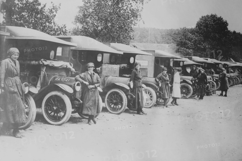 A line of Women Ambulance Drivers with their vehicles 1917