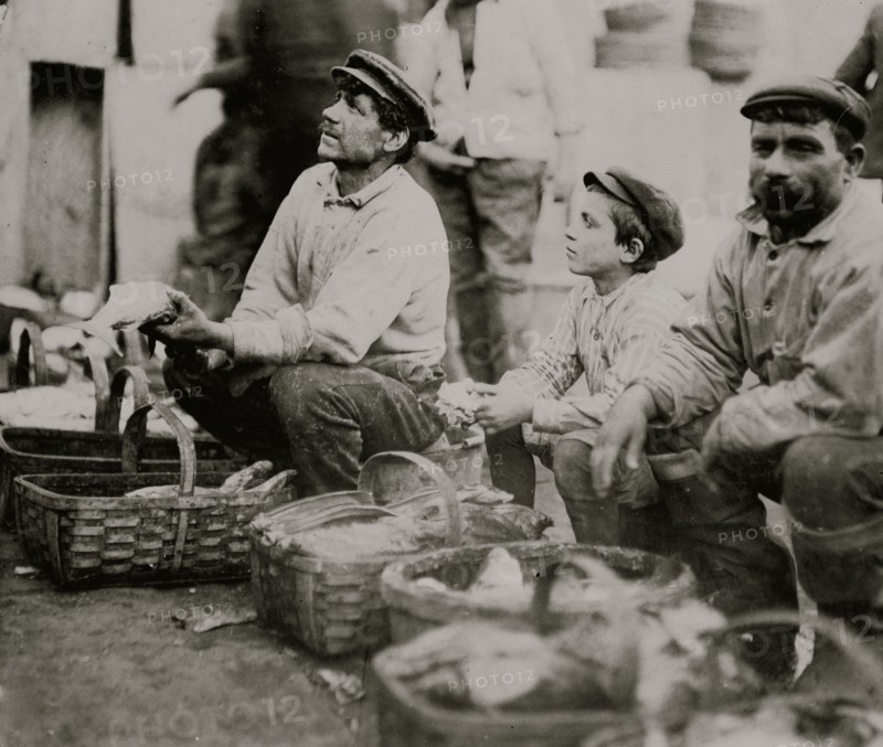 A Typical Fisher Boy at "T" Wharf selling fish with Dad. 1909