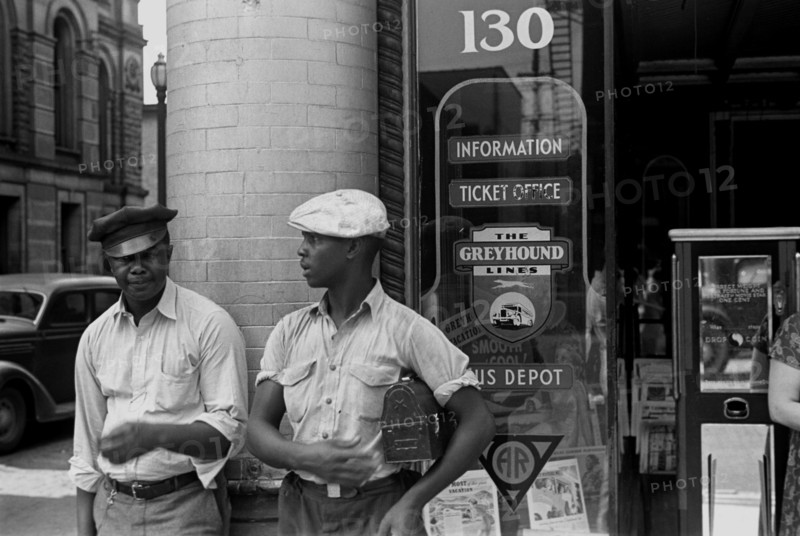 African American at Bus station, Marion, Ohio 1935