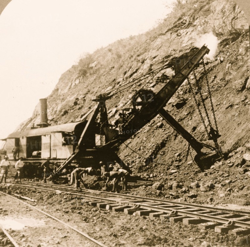 American steam shovel in position to take a bite, Culebra Cut, Panama Canal 1906