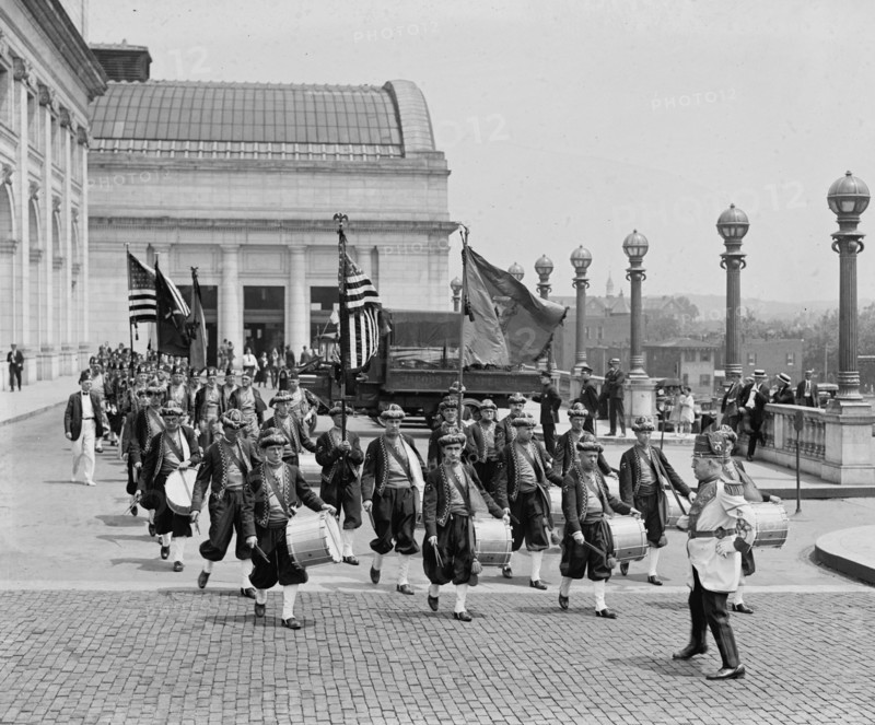 Anah Shriners Group from Bangor Maine as a Band arriving and Playing as Washington's Union Station 1925