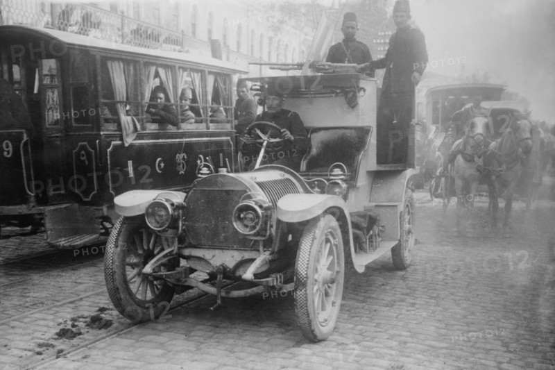 Armored Automobile juxtaposed with Trolley Car & Horse Team on a City Street in Turkey 1916